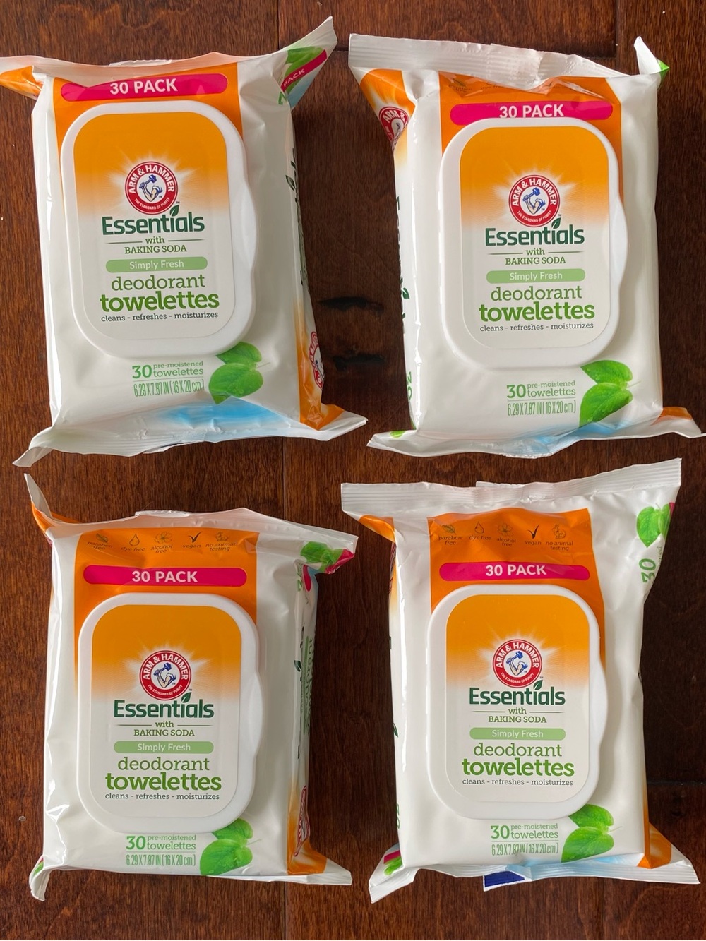 Arm & Hammer Essentials  Deodorant wipes, lot of 4–30 ct. each.